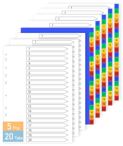 Xnegau 5er Set Register für Ordner A4, 1-20 Teilige PP-Material Ordner Trennblätter mit 3 Inhaltsverzeichnis-Seiten für A4-Ringordner für die Dokumentenorganisation in Schulen, Büros, Archiven, Hause