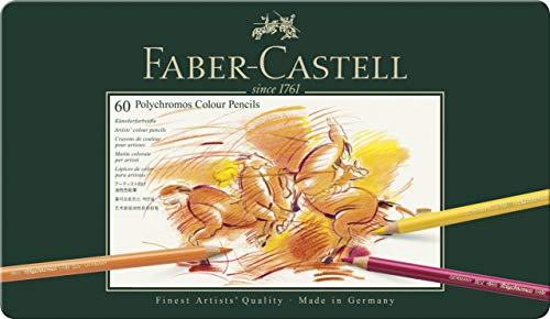 Faber-Castell 110060 Polychromos Malstifte, 60er-Buntstifte-Set in einem eleganten Metalletui, Leuchtende Farben mit dicken 3,8-mm-Minen und säurefreien Pigmenten für verschiedene Oberflächen