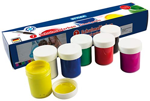 Stylex 28954 - Schulmalfarben, 7 Töpfchen à 20 ml, mit kräftigen Farben, in praktischer Schiebeschachtel, zum Malen und Schreiben auf Papier, Pappe, Holz, Glas und Stein