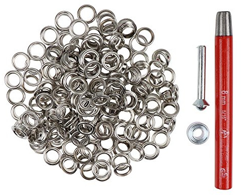 100 Stück Ösen 8mm rostfrei mit Scheiben + Locheisen & Ösenwerkzeug – Komplettset für Leder, Stoff, Planen, Bastelarbeiten, Outdoor, Zelte, Textilien – Beste Qualität (silber)