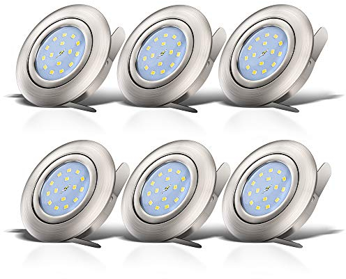 B.K.Licht Faretti LED da incasso orientabili, set da 6, include 5W, diametro foro 68mm, lampade incasso per l'illuminazione da interno, luce calda 3000K, plastica nickel opaco, 230V IP23