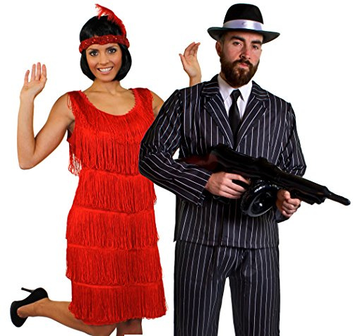 Déguisement accessoires pour couple de gangster adulte une robe rouge Charleston L. un bandeau, un collier de fausses perles + un costume XL, une mitrailleuse Thompson gonflable, un chapeau