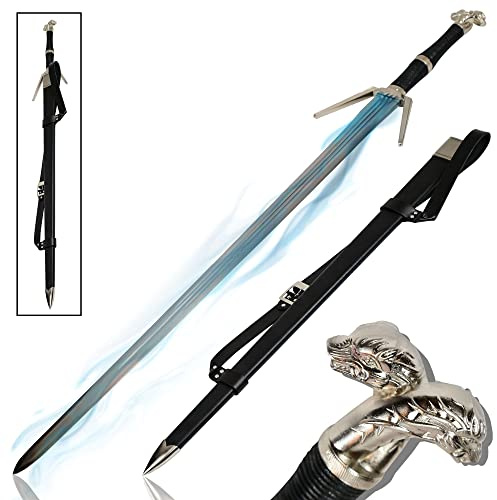 Swords and more Witcher handgeschmiedetes Silber Schwert - Geralt von Riva Silberschwert mit Scheide, 117,5 cm, handgeschmiedetes Metallschwert für Cosplays, zum Sammeln & als Geschenk