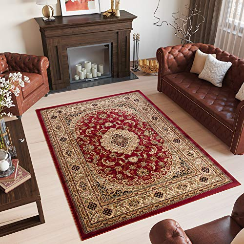 TAPISO Yesemek Klassisch Teppich Kurzflor Wohnzimmer Schlafzimmer Orientalisch Ziegler Floral Medaillon Muster Bordüre Rot Beige Barock ÖKOTEX 300 x 400 cm