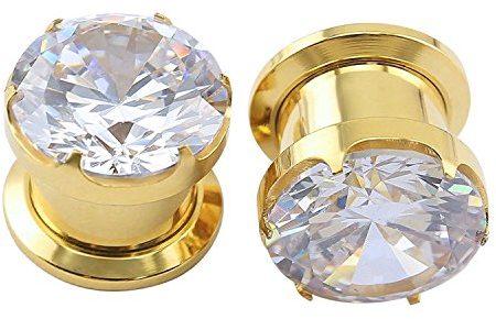 Wunderschöne Große Zirkonia Edelstahl Screw Fit Ohr Tunnel Ohr Expander Stretche Piercing Ear Gauges (Gold,0g(8mm))