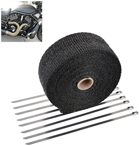 NATGIC 15 m Auto-/Motorrad-Auspuff-Wärmedämmung aus Glasfaser, 5,1 cm x 15 m + 8 Stück 30 cm Edelstahl-Verriegelungsbänder (schwarz)