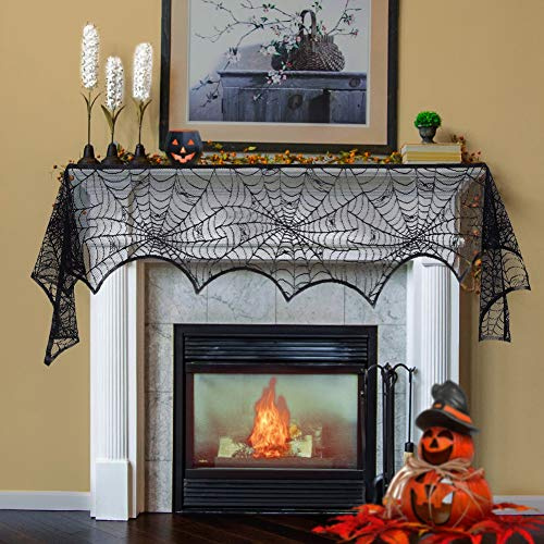Lulu Home Halloween Fireplace Decorations, Fireplace Mantle Scarf Cover, Black Lace Spider Web for Door, Window and Flowerbeds Decoration, Halloween Party Supplies