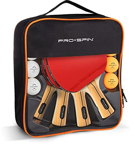 PRO-SPIN Table Tennis Bats - High-Performance Table Tennis Set with Premium 3-Star Ping Pong Balls & Compact Storage Case (4-Player Set, Red)