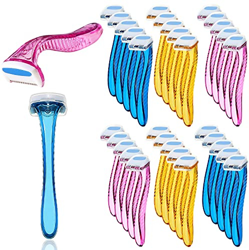 30 Navajas de Línea de Bikini Maquinilla de Afeitar de Belleza Tipo T Recortador de Axilas Pequeño de Personal de Mujer (Rosa Claro, Amarillo Claro, Azul Claro)