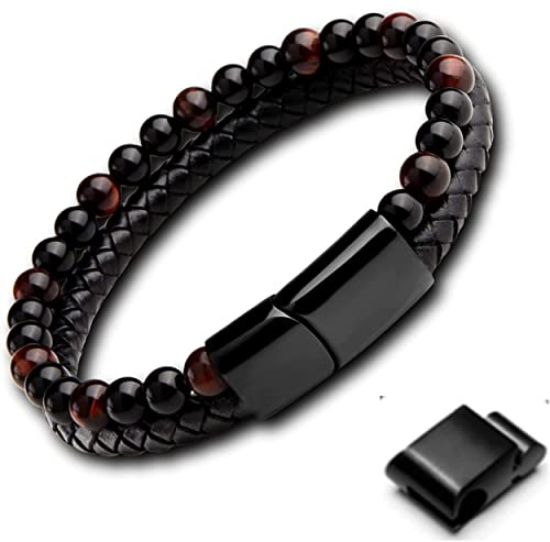 genac Originelles Armband für Männer aus Natursteinperlen 6 mm und echtem Leder mit abnehmbarem Magnetverschluss aus Edelstahl zum einfachen Einstellen der Länge.
