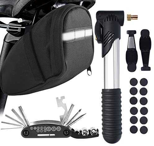 MASPODER Saddle Bag With Pump, Puncture Repair Kit, Multi Tool Set for Cycling, MTB, Mountain, Road Bike Accessories (Basic Plus 01)