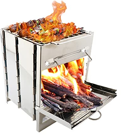 Vedeldad campingspis, vikbar grill i rostfritt stål Bärbar backpacking spis för utomhuscamping matlagning picknick och BBQ