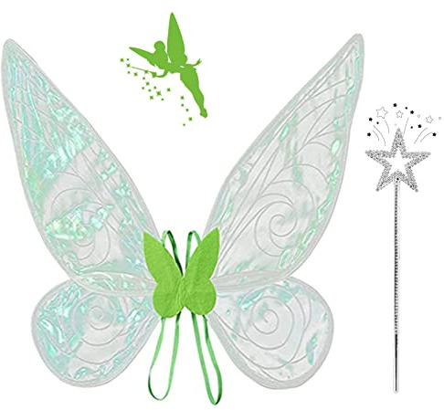 71Nmly Ali di Fata, da Principessa, Farfalla per Bambini e Adulti, Costume Ali d'Angelo, Ali Trasparenti Scintillanti per Compleanni, Feste a Tema Chrismas, Halloween (Verde)