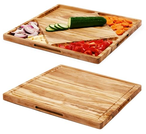 Mawazo Grande tagliere in legno di ulivo di alta qualità e piatto da portata, tagliere reversibile in legno con contenitori, elegante tagliere per cucina, 35,6 x 35,6 cm, accessori da cucina