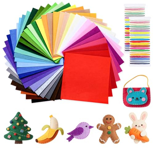 moinkerin 40 Farben Bastelfilz 15x15cm Filzstoff zum Basteln mit Nähgarn-Set 1mm Filzplatten für DIY Patchwork, Handarbeiten,Dekoration,Nähen Projekte (40 Stück)