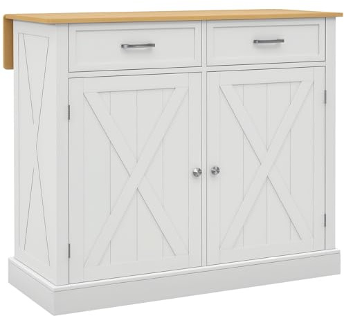 HOMCOM Isla de Cocina con Encimera de Madera Plegable Blanco | Carro de Cocina, 2 Puertas, 2 Cajones, Estante Ajustable, 4 Ruedas, 105x60x90,5 cm