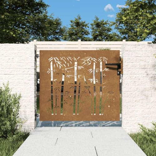 Homgoday Garden Gate, Metal Gate, Garden Door, Fence Door, Garden Gate, Yard Gate, Entrance Gate, Single Gate, Double Gate, Garden Fence, Gate, 85 x 75 cm, Corten Steel, Bamboo Design