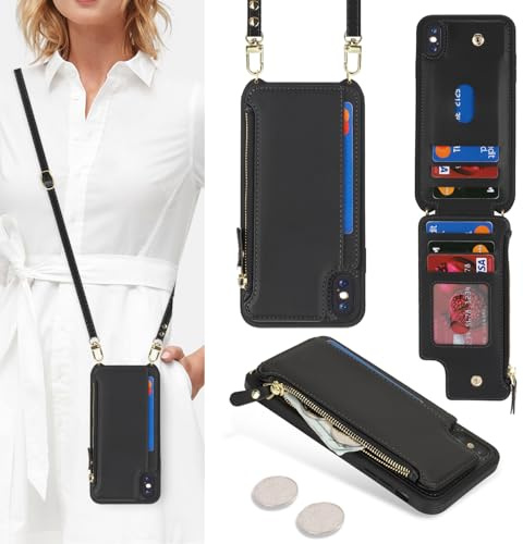 SailorTech iPhone XS Max Etui mit Kartenfach, Handytasche mit Reißverschluss Geldbörse und verstellbarer Halskette - Schwarz