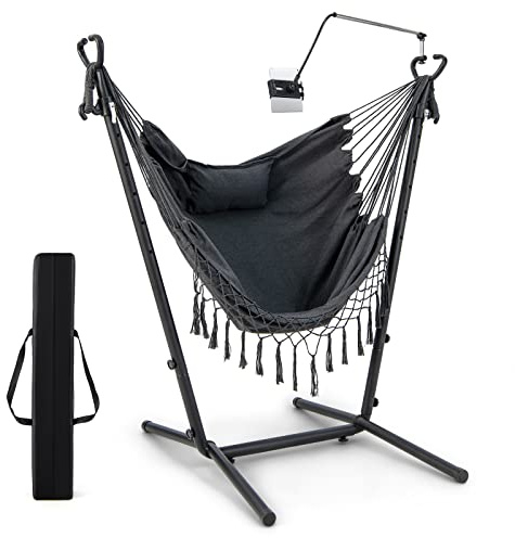 DREAMADE Hängesessel mit Gestell, Belastbar bis 250kg, Hängestuhl mit Kopfkissen & Handyhalterung, Höhenverstellbarer Hängeschaukel für Indoor & Outdoor, Grau