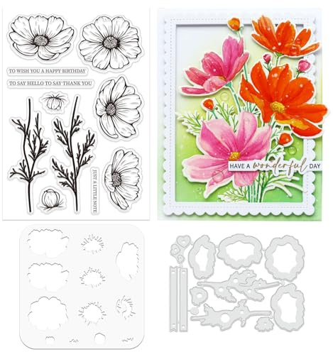 ORIGACH Cosmos - Juego de plantillas y troqueles de flores para hacer tarjetas, plantillas de Coreopsis, sellos transparentes y juegos de troqueles para álbumes de recortes, álbumes de fotos,