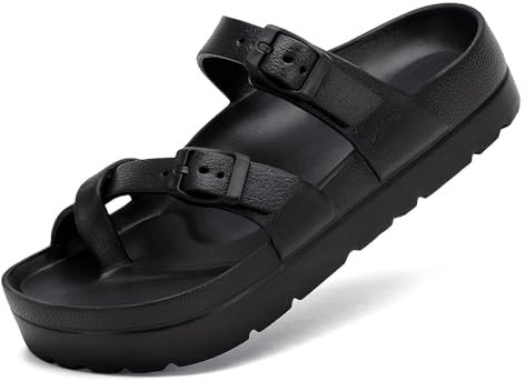 Waysoland Women's Platform Sandals with Arch Support Comfortable Slides Thick Soles Flat Sandals With Adjustable Buckle & Ultra Cushion(Black,4 UK)