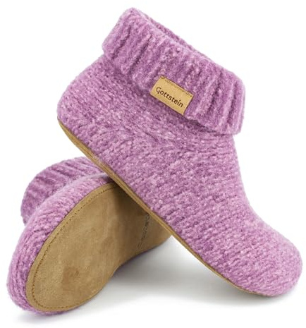 Gottstein Zapatillas de casa de punto para hombre y mujer, de lana virgen pura, suela de piel de vacuno de alta calidad, zapatos cerrados, rosa pastel, 38 EU