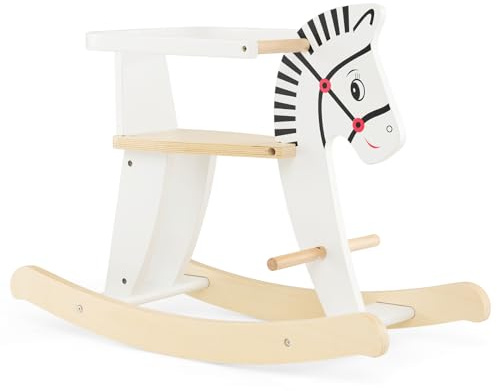 GYMAX Cavallo a Dondolo in Legno con Recinto Rimovibile, Giocattolo a Dondolo a Zebra, con Schienale, Poggiapiedi, Movimento Dolce, Capacità di Carico 40 kg, per 3+ Anni, Bianco