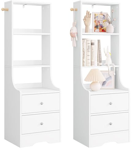 WOLTU 2er Set Nachttisch Bücherregal mit 2 Schubladen, 3 offenen Ablagen, Haken, Nachtschrank hoch, platzsparend, Nachtkommode Holz modern, für Schlafzimmer Arbeitszimmer, Weiß, NTS18ws-2