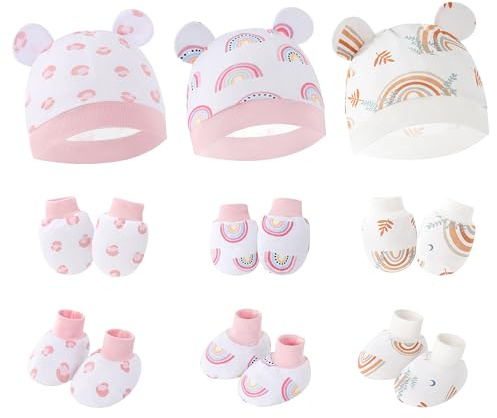 SEAUR Bonnets de Naissance avec Moufles de Protection et Chaussettes Bébés 3 Pièces Ensemble de Chapeau Élastique pour Nouveau-né Couleur 3 0-6 Mois