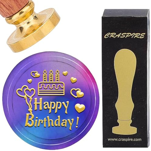 CRASPIRE Happy Birthday Wax Seal Stamp Vintage Sealing Wax Stamp Kit Cake Love Heart 25mm Removable Gold Brass Head with Rosewood Handle for Party Invitations Cards Decor Envelopes Gifts Wine Package