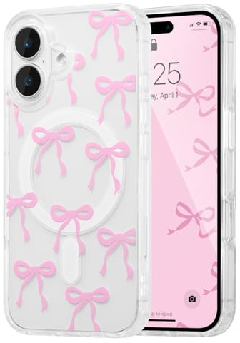 UEEBAI Magnetic for iPhone 16 Case, Bow Case Compatible with MagSafe, Wireless Slim Clear Ribbon Aesthetic Phone Cover Anti-Yellowing Shockproof Protective Cover for Women Girl - Pink