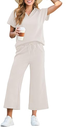 Dokotoo Womens Two Pieces Outfits Trendy Summer Clothes Loungewear Casual Comfy Athletic Tracksuit Valentines V Neck Short Sleeve Lounge Sets Fashion 2025 Sweatsuit Beige X-Large