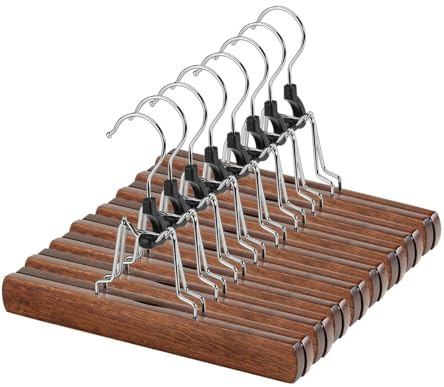 AMKUFO Paquete de 20 perchas de madera para pantalones con clips antideslizantes para faldas y pantalones, perchas de madera maciza con gancho giratorio de 360°, nogal