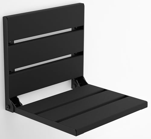 Folding Wall Mounted Teak Wood Shower Seat, ADA Compliant Durable Bath Bench, Sturdy Space-Saving Bathroom Stool, Fold Up Easy Folding Handmade Compact Chair (Black, Large)