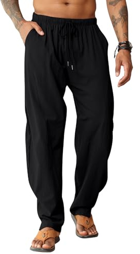 EDITCOZY Linnebyxor Herr Strandbyxor Lösa Hippy Haremsbyxor Elastiska Bomull Långa Yogabyxor, Svart, 3XL