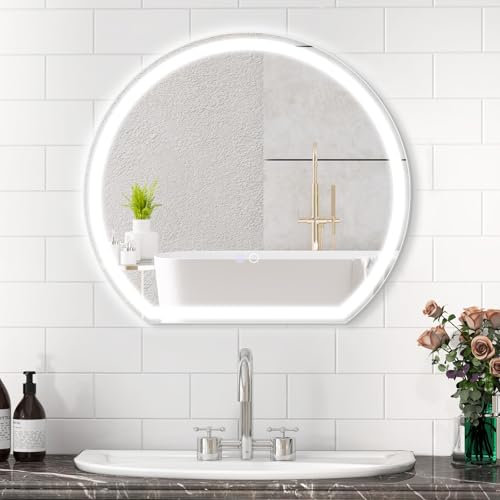 RELAX4LIFE Badspiegel mit Beleuchtung, 60 x 54 cm, Wandspiegel in Halbrundform mit LED-Licht & Touch-Schalter & 3 Farben dimmbar, Speicherfunktion & Beschlagfrei, Badezimmerspiegel, Rasierspiegel