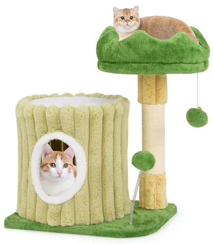 COSTWAY Kratzbaum Klein, Katzenbaum mit Plattform, Sisal-Kratzsäule, Katzenhöhle & 2 Bällen, Katzenkratzbaum Holz & Plüsch, Katzen Katzenmöbel Kletterbaum, Aktivitätsbaum Spielbaum, Grün