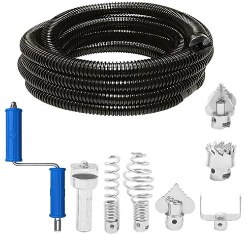 Gemsaya Espiral de limpieza de tuberías, 5 m x 12 mm de diámetro, limpiador de desagües, eje de limpieza de tuberías multifuncional con adaptadores eléctricos y manuales, limpiador de tuberías con 6