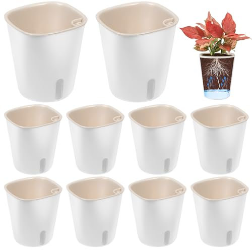 GOMETY 10 vasi autoirriganti, piccoli con indicatore del livello dell'acqua, 7,5 x 8,5 cm, con sistema di irrigazione in plastica PP, per cucina, balcone, davanzale (bianco)
