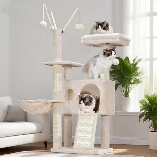 Hey-brother Árbol rascador de 100 cm, pequeño y Estable, con Juguetes extraíbles, Cueva, 1 Plataforma, 1 Cesta para Gatos, Placa rascador de sisal y Bola de Felpa, Adecuado para Gatitos, Beige