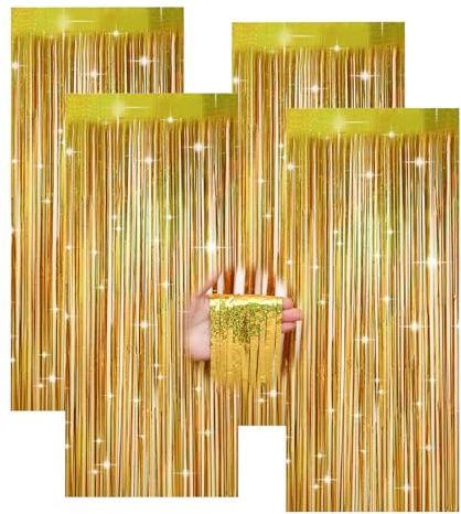 Qiuruoo 4 Stück Lametta Vorhang Gold, Quastenförmige Glitzervorhang für Partydekoration, Geburtstagsdekoration, Goldene Hochzeit Deko (1m*2m)