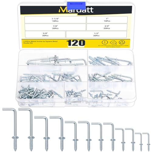 Mardatt Lot de 120 crochets carrés à visser de 6 tailles, crochets en L galvanisés bleus, kit de vis, vis autotaraudeuses de type L, crochet à angle droit pour accrocher du matériel de montage mural