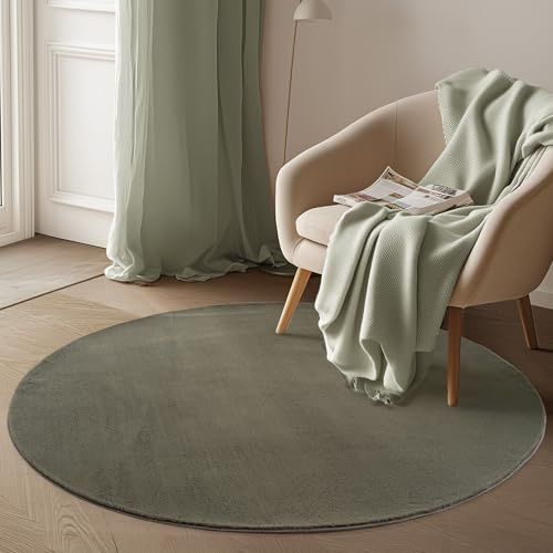 Carpetsale24 Kurzflor Teppich Wohnzimmer 160 cm Rund Grün - Runder Teppich Waschbar, rutschfest, Weich, modern einfarbig Design - für Schlafzimmer, Küche, Esszimmer