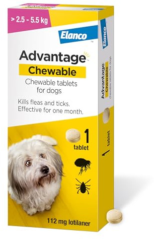 Advantage Chewable 112mg Chewable Tablets for Dogs >2.5-5.5kg (1 pack), Flea and Tick Treatment, Fast Acting Kills Fleas Within Hours, Prevention Lasts For A Month, Easy To Administer