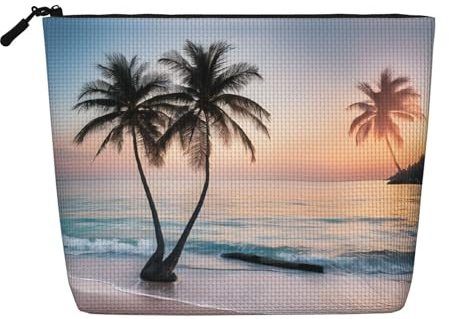 JEKYDOSD Sunrise Tropical Palm Tree Island Print Fake Hemp Makeup Bag Waterproof Imitation Hemp Bag For Daily Life, Travel, And More
