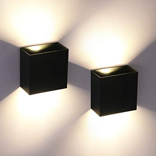OOWOLF 2er-Set Wandleuchte Innen, 7W, 10x10x5cm, 3000K, Up-Down, Aluminium, Modern, für Flur, Schlafzimmer, Treppenhaus & Wohnzimmer, Schwarz