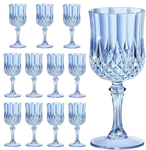 XXUE Plastic Wine Glasses Reusable | Vintage Goblets 207ml - Suitable for Wedding Receptions, Grand Events, Picnics & Disposable Party Supplies (12, Blue)
