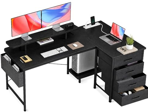 Claiks Schreibtisch L Form mit 4 Stoff Schubladen, 160x80 cm Eckschreibtisch mit USB-Ladeanschluss und Steckdose, L förmiger Schreibtisch mit Monitorablage für Büro, Schwarz