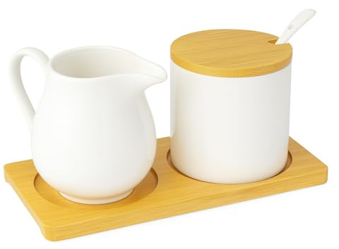 Milch und Zucker Set mit Deckel und Löffel, Milchkännchen Weiß Keramik und Zuckerdose mit Holz Tablett, Spülmaschinen- und Mikrowellengeeignet