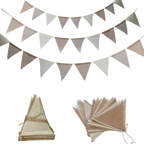 3X Wimpelketten Outdoor (4m) Wetterfest - Jute-Boho Girlanden in Beige/Braun Vintage für Hochzeit, Gartenparty & Kinderzimmer | 36 Wimpel